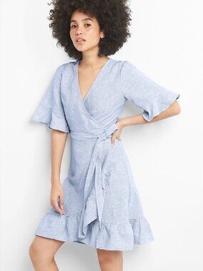 GAP Linen Wrap Dress with Ruffle Hem